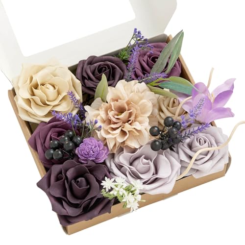 Ling's moment Fake Flowers Box, Artificial Faux Greenery Stems Silk Orchid Foam Rose for Wedding Bouquets Centerpieces Table Decorations Backyard Floral Arrangement, Lavender & Plum, Mini Combo - color: Lavender & Plum