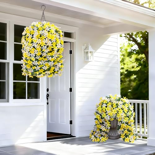 Ivydale Artificial Lily Flowers for Outdoors Fake Hanging Flower Vines for Outside Decoration, UV Resistant 2PCS Faux Plants for Patio Porch Balcony Garden Yard, White & Yellow - color: White & Yellow