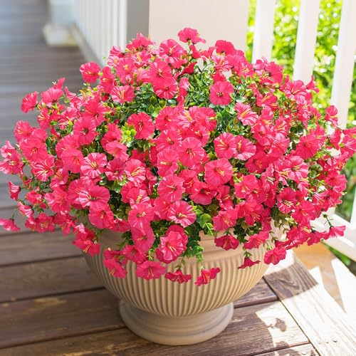 HyeFlora Artificial Flowers for Outdoors Fake Plants Outside Decoration, 12 Bundles Silk Hot Pink Morning Glory UV Resistant Look Real Faux Flowers for Planter Front Door Porch Patio Yard Gardens Home - color: Hot Pink
