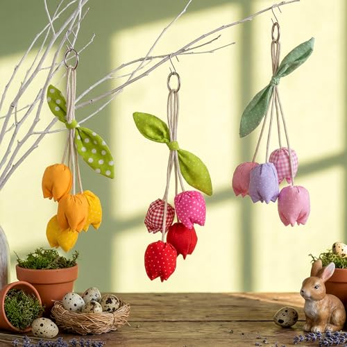 HunnmingRe 3 Pcs Spring Fabric Tulip Flowers Mother's Day Hanging Ornaments Handcrafted Artificial Tulip Pendant Flower Bouquet with Leaf Hanging Accessories for Women Mom Girl Keyring Bag Charm Gifts