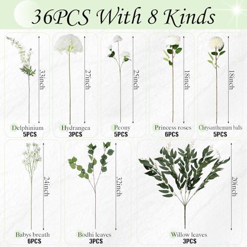 Suncalla 36 Pcs White Artificial Flowers Bouquet Set 8 Kind Faux Delphinium Rose Peony Chrysanthemum Hydrangea Baby's Breath Florals with Greenery Long Stem for Wedding Table Vase Decor - color: White