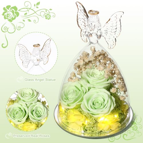 Mothers Day Rose Gifts for Women Preserved Flowers in Glass Angel Forever Flowers Gifts Eternal Roses Gifts for Grandma, Green - color: Green