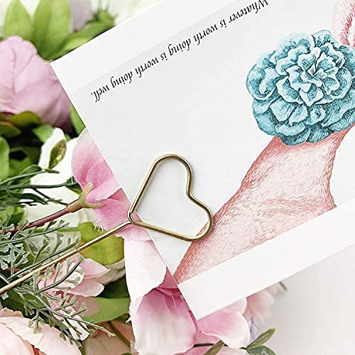 H&W 12''L Golden Heart Loop Round Shape Card Holders 40PCS Floral Picks Clips for Wedding & Flower Arrangements, DIY Craft Wire Clip Table Card Holders Note Photo Picture Memo Holder Cake Topper - color: Heart