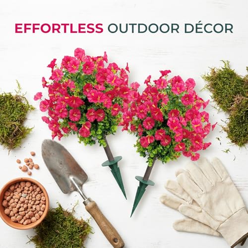 Outdoor Artificial Topiary Trees: 2-Pack Fake Bushes with UV Resistant Faux Petunia Ball & Ground Spike. Ideal for Artificial Bushes for Outdoors Use on Porch and Garden Decor(Rose Color) - color: Rose Color