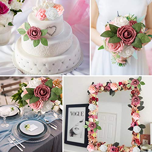 AmyHomie Artificial Flower Shades of Rose 25pcs Real Looking Fake Roses w/Stem for DIY Wedding Bouquets Centerpieces Arrangements Party Baby Shower Valentines Day Christmas Tree Decorations - color: Shades of Rose