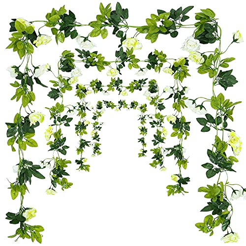 JUSTOYOU 2 Pack (15.8FT) Fake Rose Garland, Artificial Rose Vines Flowers Hanging Silk Rose Vine Wedding Home Backdrop Party Arch Arrangement Decoration - color: Off White+green