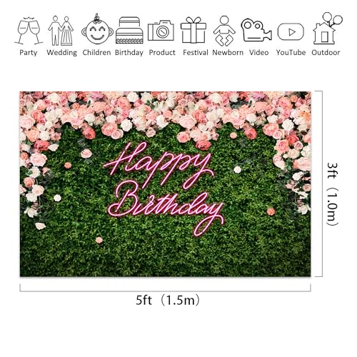Riyidecor Happy Birthday Backdrop Backdrop Polyester Fabric Pink Rose Neon Flower Wall Green Leaves 5Wx3H Feet for Women Floral Blossom Photography Background Birthday Baby Shower Photo Studio Shoot - color: A-Birthday （Green Rose）, size: 5Wx3H