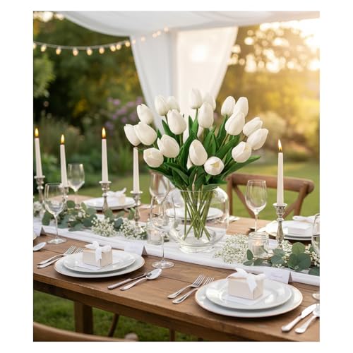 18pcs Artificial Tulips 13" PU Artificial Flowers for Family Friends Gifts DIY Flower Arrangement Home Kitchen Office Party Wedding Dining Table Decoration, White - color: White