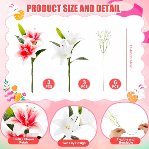 Janinka 12pcs Artificial Lily Flowers 12 Heads White and Pink Faux Tiger Lilies Flowers with Fake Baby Breath Artificial Gypsophila for Spring Home Church Wedding Decoration