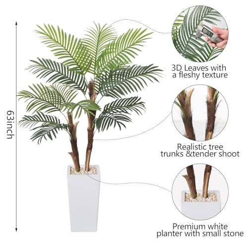 HAIHONG Artificial Palm Tree 5FT, Fake Tree with Realistic Fiber Trunks and White Tall Planter, Faux Tropical Areca Floor Plant in Pot, Artificial Silk Plant for Home Decor Office Living Room Decor