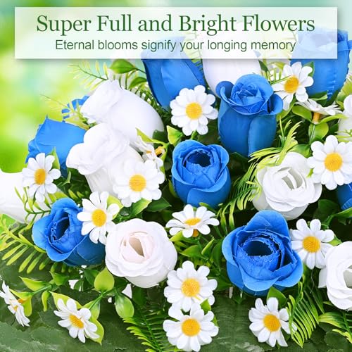 Dolicer Artificial Cemetery Flowers for Grave, Headstone Flower Saddle Look Real Grave Memorial Flowers for Cemetery UV Resistant Rose Flowers for Headstones Cemetery Grave Decorations (Blue, White) - color: Blue, White, size: Headstone Saddle