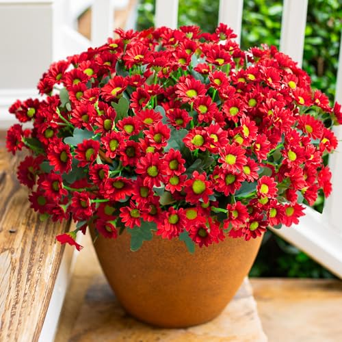Daisy Artificial Flowers for Outdoors Decoration, 6 Bundles Fake Plants Flowers Bouquet Faux Flowers for Outdoor Planter Look Real UV Resistant Silk Flowers for Outside Front Door Porch Patio, Red - color: Red