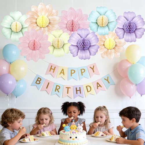 Paper Jazz 9PCS Paper Flowers Party Decorations,Pastel Honeycomb Butterfly Party Decoration,Fairy Birthday Party Decoration for Garden Tea Party Floral Baby Shower. - color: Pastel