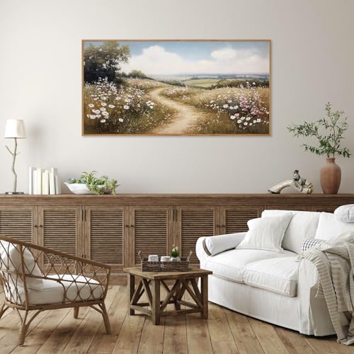 Rantodecor Rustic French Country Framed Canvas Wall Art, Vintage Flower Field Wall Decor, Calming Nature Landscape Art Paintings, Modern Wildflower Artwork for Farmhouse Bedroom Living Room 40"x20" - color: Rustic French Country, size: 40"L x 20"W