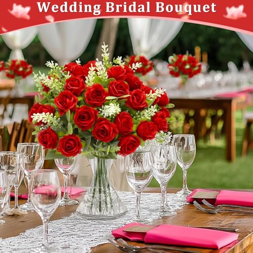 TURNMEON 40 Heads Fake Roses Artificial Flowers for Outdoors Summer Decor, 4 Bouquets UV Resistant Fake Flower Bouquet Faux Silk Roses for Wedding Birthday Party Home Indoor Cemetery Decor(Red) - color: Red