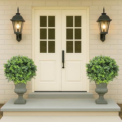 Artificial Boxwood Topiary Balls – 24" Set of 2 Faux Shrub Bushes with Ground Spike & Garden Tools – UV Resistant Faux Plants for Outdoor Planters, Porch & Front Door (Boxwood Topiary Ball) - color: Boxwood Topiary Ball