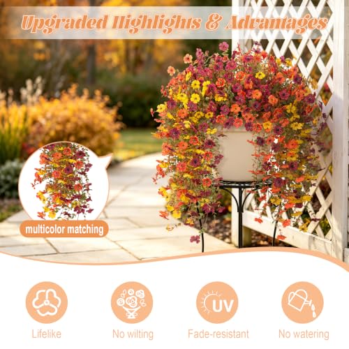 Fake Mums Artificial Fall Hanging Flowers for Outdoors Decoration 2 PCS Faux Mums for Outdoor Planters Fake Plants Look Real Daisy Flower No Fade Autumn Decor for Porch Home Patio Balcony and Yard - color: Orange Brown Yellow