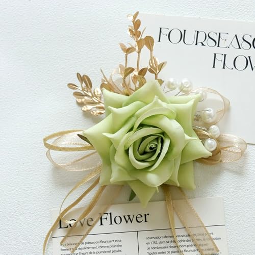 Alizeal 2Pcs of Wrist Corsage and Boutonniere Set, Artificial Flowers Accessories Suit Decor for Wedding Prom Party Homecoming Ceremony, Light Green - color: 701-light Green