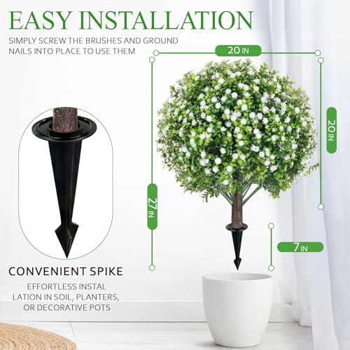 Artificial Boxwood Topiary Ball Trees with Baby Breath Flowers with Spikes for Outdoor 24" Set of 2 , UV Resistant Faux Greenery Shrubs, Realistic Fake Bushes Plant for Garden Yard Front Porch Decor - color: Boxwood Baby Breath