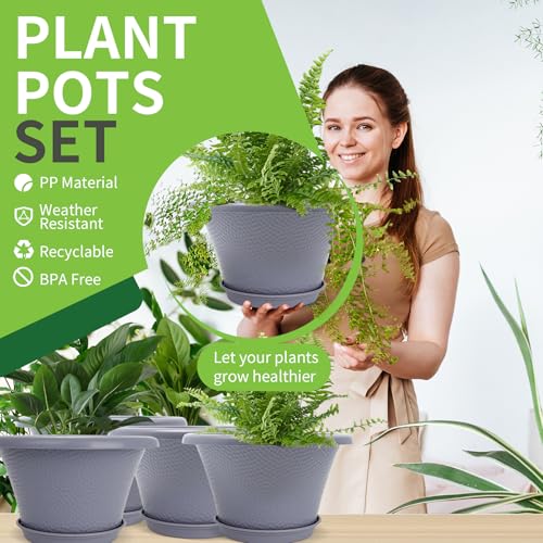 Quarut 12 Inch Large Planter Pot for Plants Indoor Outdoor, 4 Pack Plastic Flower Pots with Drainage Hole & Tray, Modern Decorative Garden Pot with Saucer, Plant Container for House Grey - color: Diamond Pattern-grey, size: 12 inch-4 Pack