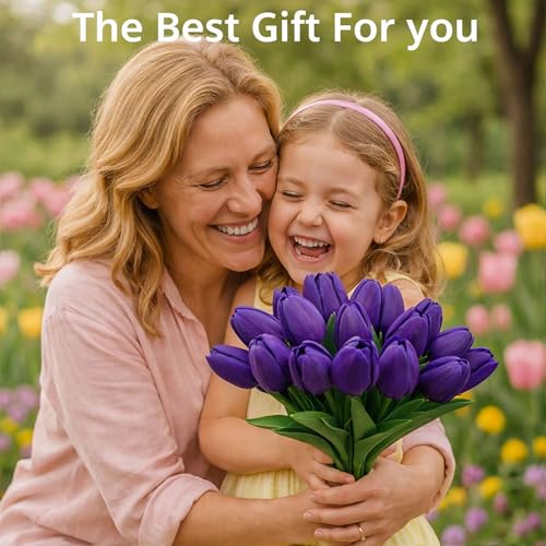 20 Pcs Tulips Artificial Flowers, 13.5'' Real Touch PU Fake Flowers Bouquet for Home Party, Spring Wedding Floral Arrangement, Valentine's, Easter and Mother's Day Decor (Purple) - color: Purple
