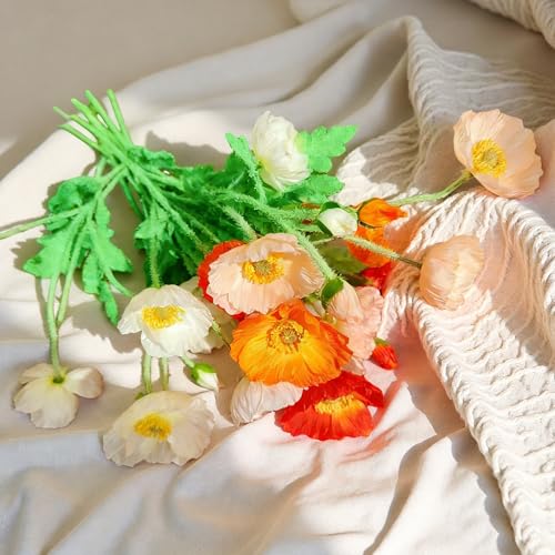 HCTCPALS Artificial Flowers for Outdoors 6 Pcs Poppy Plant Realistic Silk Fake Flowers for UV Resistant Faux Plants Outdoor Indoor Outside Front Porch Hanging Planter Decoration-23.5” Mixed-Colors - color: Poppy Mixed-colors