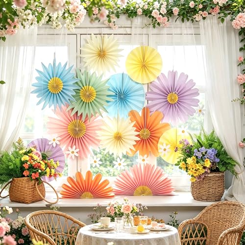 Paper Jazz 12pcs Pastel Paper Flower Decorations - Daisy Paper Fan Backdrop for Birthday Party, Baby Shower, Wedding, Spring & Summer Events,Spring Hanging Flower for Classroom Garden - color: pastel