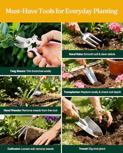 Grenebo 12-Piece Womens Gardening Tools Gift Set, Rust-Proof & Heavy-Duty Garden Tools with Durable Carrying Case, Fashionable & Thoughtful Gardening Gifts for Women&Men (Pink-Silver) - color: Pink-Silver