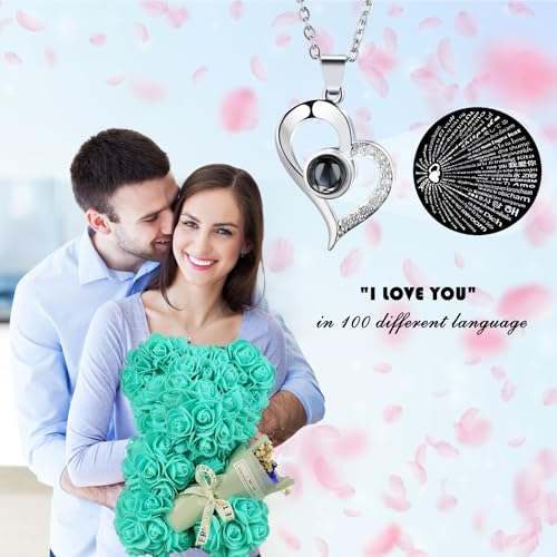 Rose Bear Valentines Day Gifts for Her, Rose Teddy Bear Romantic Gifts for Girlfriend Wife Mom,Flower Bear with Rose Bouquet and 100 Languages I Love You Necklace - color: Greenish Blue