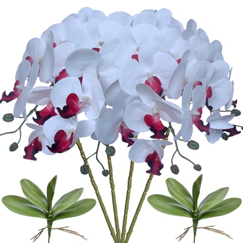 FagusHome 32" Artificial Phalaenopsis Flowers 4 Pcs with 2 Bundles Leaves Artificial Orchid Flowers Stem Plants Fake Butterfly Phalaenopsis Flowers for Home Wedding Party Décor (Pure White) - color: Pure White