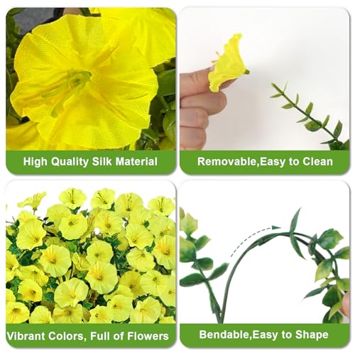 Artificial Flowers for Outdoors, 6-Pack 420 Blooms UV Resistant Hanging Morning Glory Silk Flowers Vines, Realistic Fake Plants Outside Decroation for Porch Patio Balcony Yard Garden (Yellow) - color: Yellow