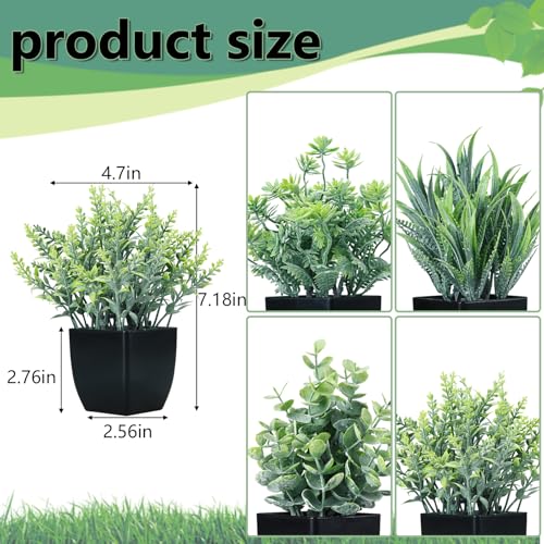 GREENTIME 4 Pack Fake Plants in Black Pot Small Artificial Eucalyptus Potted Plant Wheat Grass Mini Faux Greenery for Home Decor Indoor Office Table Room Farmhouse Bathroom Decorations - color: Black-grey