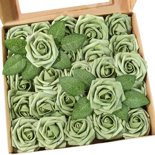 Artificial Flowers 25 Pack Elf Green Faux Foam Roses with Stems, Real Looking Fake Rose for DIY Wedding Bouquets, Bridal Shower Centerpieces, Party Table Decorations, Home Decor - color: Elf Green, size: 25Pcs