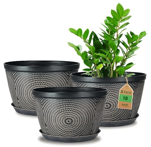 Quarut 10 Inch Flower Pots for Outdoor Indoor, 3 Pack Plastic Plant Pots with Drainage Hole & Tray, Modern Decorative Garden Pot with Saucer, planters for House (Brown) - color: Circular Pattern-brown, size: 10 inch-3 Pack