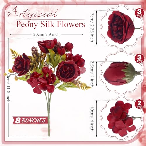 Yunsailing 8 Packs Artificial Peony Flowers Faux Silk Hydrangea Bouquet Vintage Wedding Home Table for Door Decor Reusable Bouquet of Rose Flowers for Valentine Wedding Birthday Party(Claret) - color: Claret, style: Hydrangea