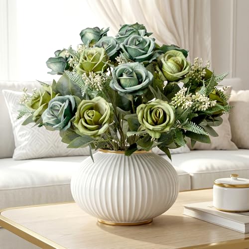 Fake Roses Green Roses Artificial Roses Silk Roses Artificial Roses with Stems 24 Full Flower Heads Faux Roses for Outdoor Indoor Centerpieces home Wedding Farmhouse Decoration No Vase(4PCS,Green) - color: Green 4pcs