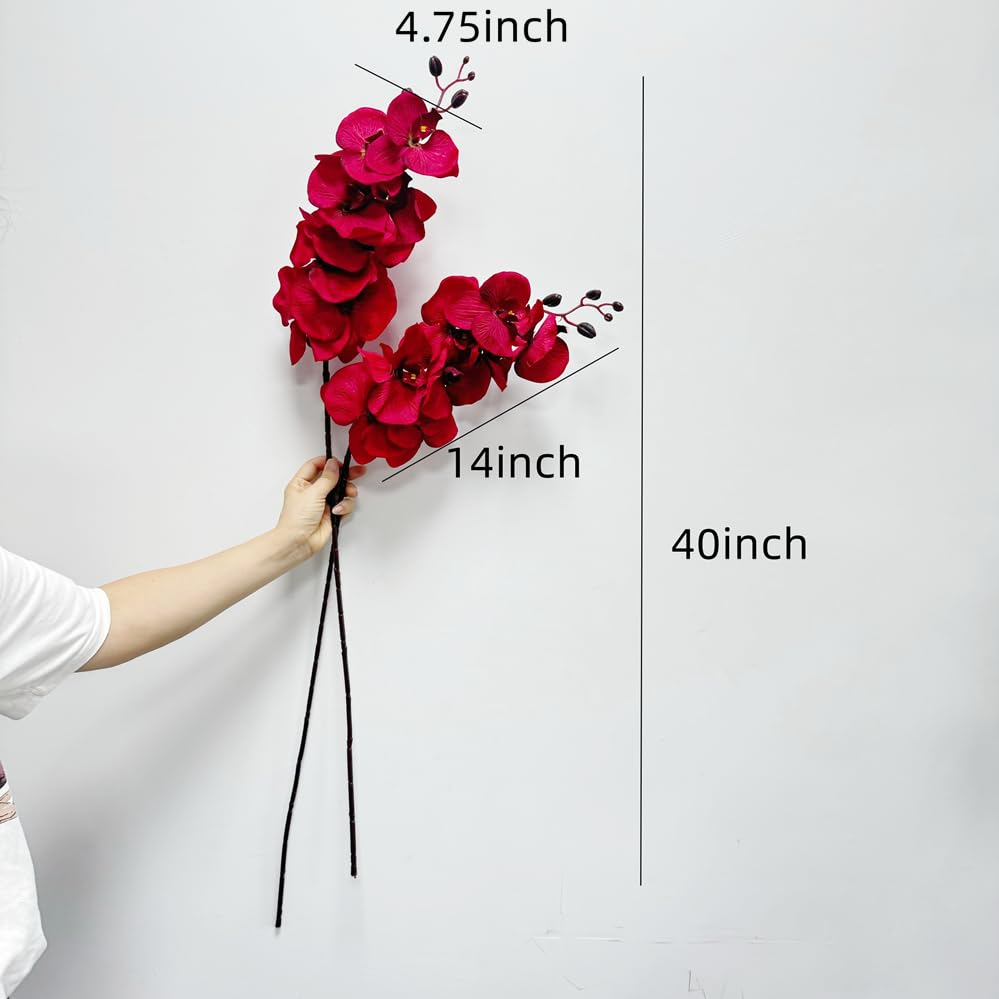 Rikyo 8 Heads Faux Orchid,40" Bouquets 2 Stem Phalaenopsis No Fade Petals Fake Flowers Forever Plants for Home Decoration, Office Decor,Wedding Party Decoration (Red) - color: Red