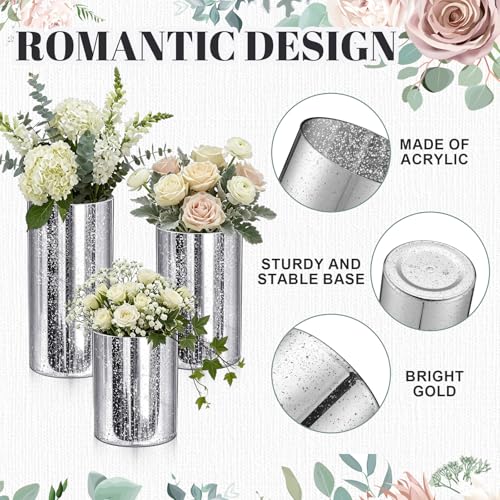 6 Pcs Silver Cylinder Vases for Centerpieces Mercury Vase Hurricane Vase Bulk Acrylic Round Wide Container for Flowers Home Office Wedding Table Decorations (4''/6''/8'') - color: Silver, size: 4''/6''/8''