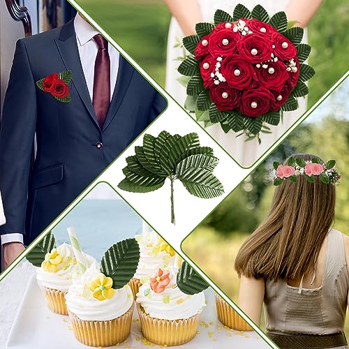 Artificial Leaves,200 Pieces Faux Wired Single Leaf Fake Rose Wire Crafts Leaves for Flower DIY Home Decorative Bouquet Wreaths Wedding Decor Christmas Decorations (Green)