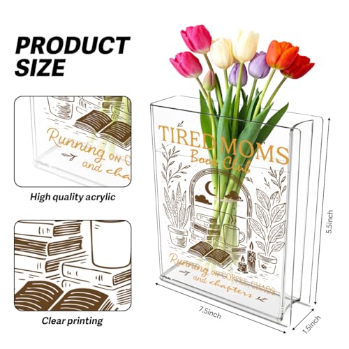 Moms Book Flower Vase Mothers Day Birthday Book Lover Gifts for Mom Mother from Daughter Son Coffee Chaos and Chapters Tired Moms Funny Acrylic Book Shaped Vase Decor for Home Office Table Vase 3804 - style: Casual