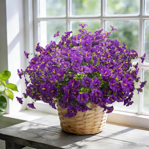 Grunyia Artificial Faux Flowers for Outdoor 16 Bundles Boxwood Fake Morning Glory for Planter,UV Resistant Fake Flowers for Home Porch Patio Outside (Purple) - color: Purple