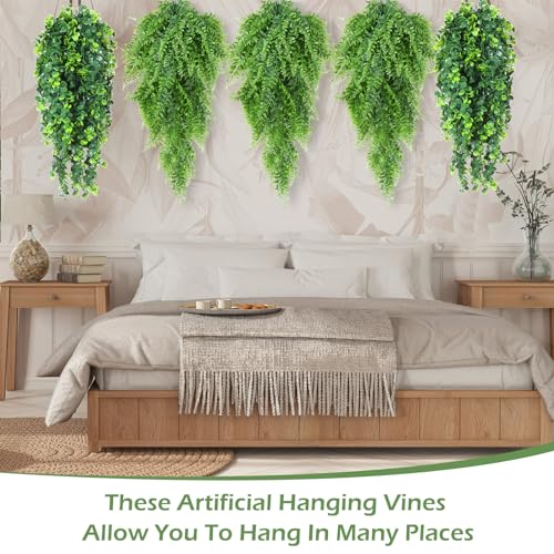 Hoteam 12 Pcs Artificial Hanging Plants 32 Inch Fake Ivy Vines with Fake Leaves Patio Artificial Plants Greenery for Living Room Indoor Outdoor Wall, No Basket (Eucalyptus,Persian Grass) - color: Eucalyptus,persian Grass