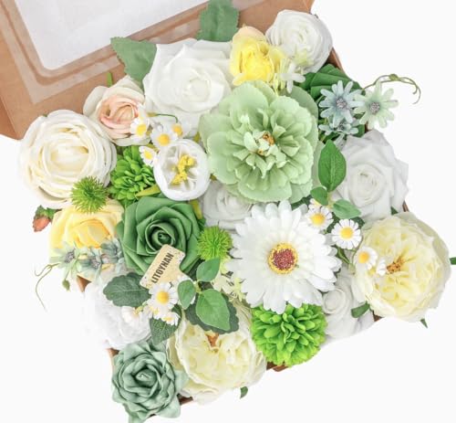 Artificial Flowers, White Green Fake Silk Flower, Silk Flowers with Stems, Wedding Cake Flowers for DIY Wedding Bridal Bouquets Centerpieces Decor - color: Green & White