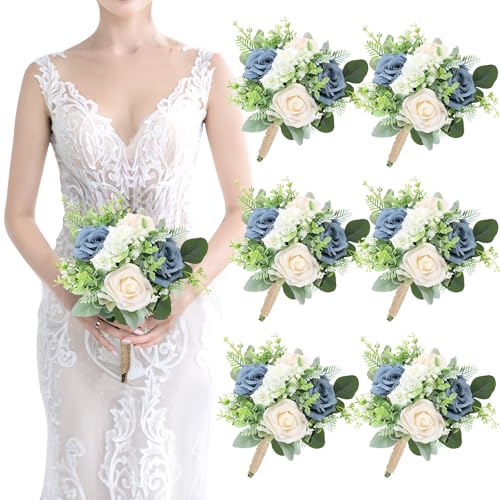 Wedding Bridesmaids Bouquets Set of 6 - Artificial Bridesmaid Rose Bouquet Handmade Maid of Honor Flowers Small Floral Centerpiece for Marriage Proposal Party Anniversary Table Decor -7 inch - color: Green & Dusty Blue, size: 6pcs