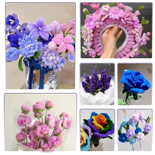 TOAOB 200pcs Pipe Cleaners Craft Supplies DIY Cornflower Bouquets Making Purple Thick Chenille Stems Artificial Flowers Craft Supplies for DIY Art Home Decorations Pink Blue Purple Moss Green - color: Pink/Blue/Purple/Moss green