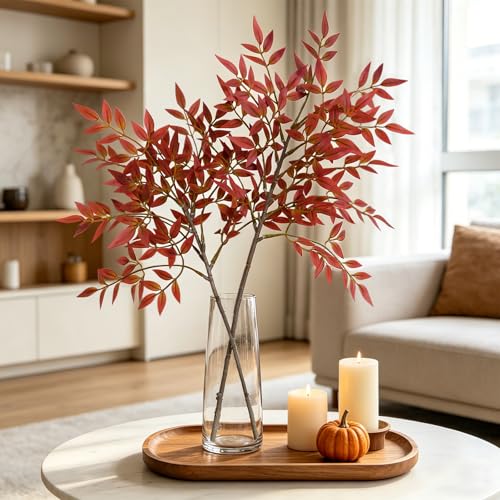 2 Pcs Fake Plants 35.4 Inch Red Fall Stems for Vase Fall Decor, Artificial Plants Indoor Faux Branches for Vase Filler Fake Leaves Office Home Decor - color: Red Nandina, size: 2 Pcs