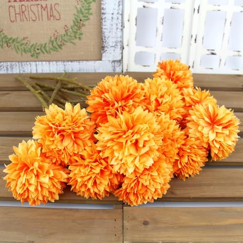 Tinsow 12 Pcs Artificial Chrysanthemum Flowers Orange Faux Ball Flowers Autumn Mums Florals Wedding Bouquet for Fall Farmhouse Home Kitchen Decoration (12, Orange) - color: Orange