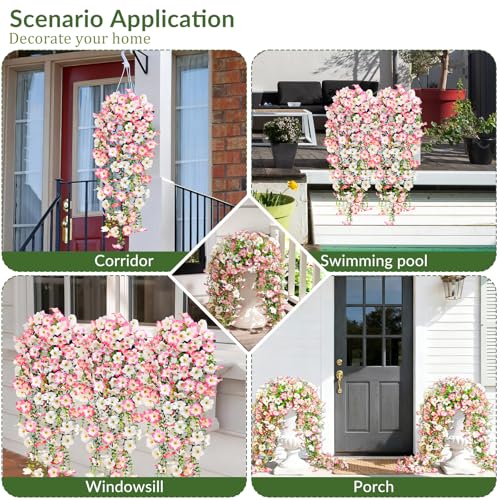 Waipfaru Artificial Petunias Flowers for Outdoors, 2 Pcs UV Resistant Fake Hanging Plants Spring Outside Decor, Faux Silk Flowers Long Trailing Vines for Outdoor Planters Porch Garden (Pink White) - color: Pink, size: 2 PCS