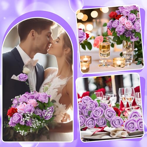 90 Pcs Purple Velvet Rose Artificial Flowers with Long Stems, Fake Silk Roses Real Touch Fake Roses Florals for Birthday Wedding Bouquet Party Arrangement Decorations - color: Purple