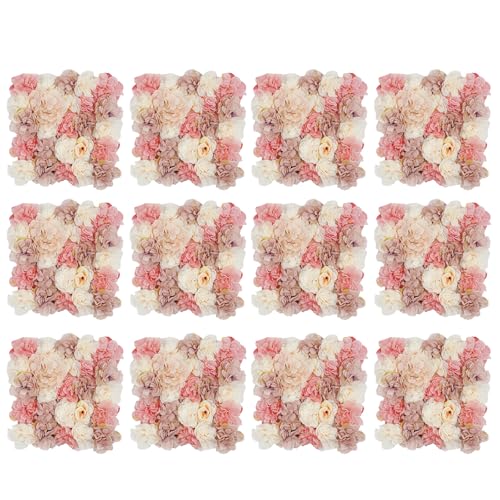 Artificial Flower Wall Panels, Set of 12 Shown in The Pic Dahlia Rose Hydrangea Backdrop, Silk Fabric with 100 Cable Ties, Reusable Party Wedding Home Wall Decor (15x18 Inch) - color: Shown in the Pic